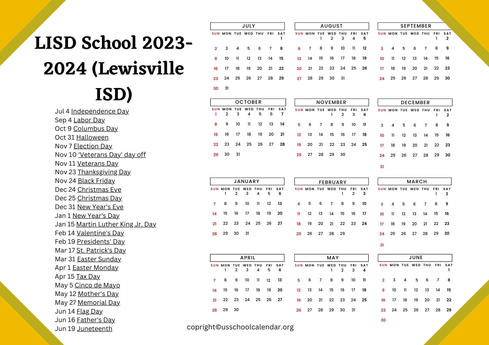 LISD School Calendar with Holidays 20232024 [Lewisville ISD]