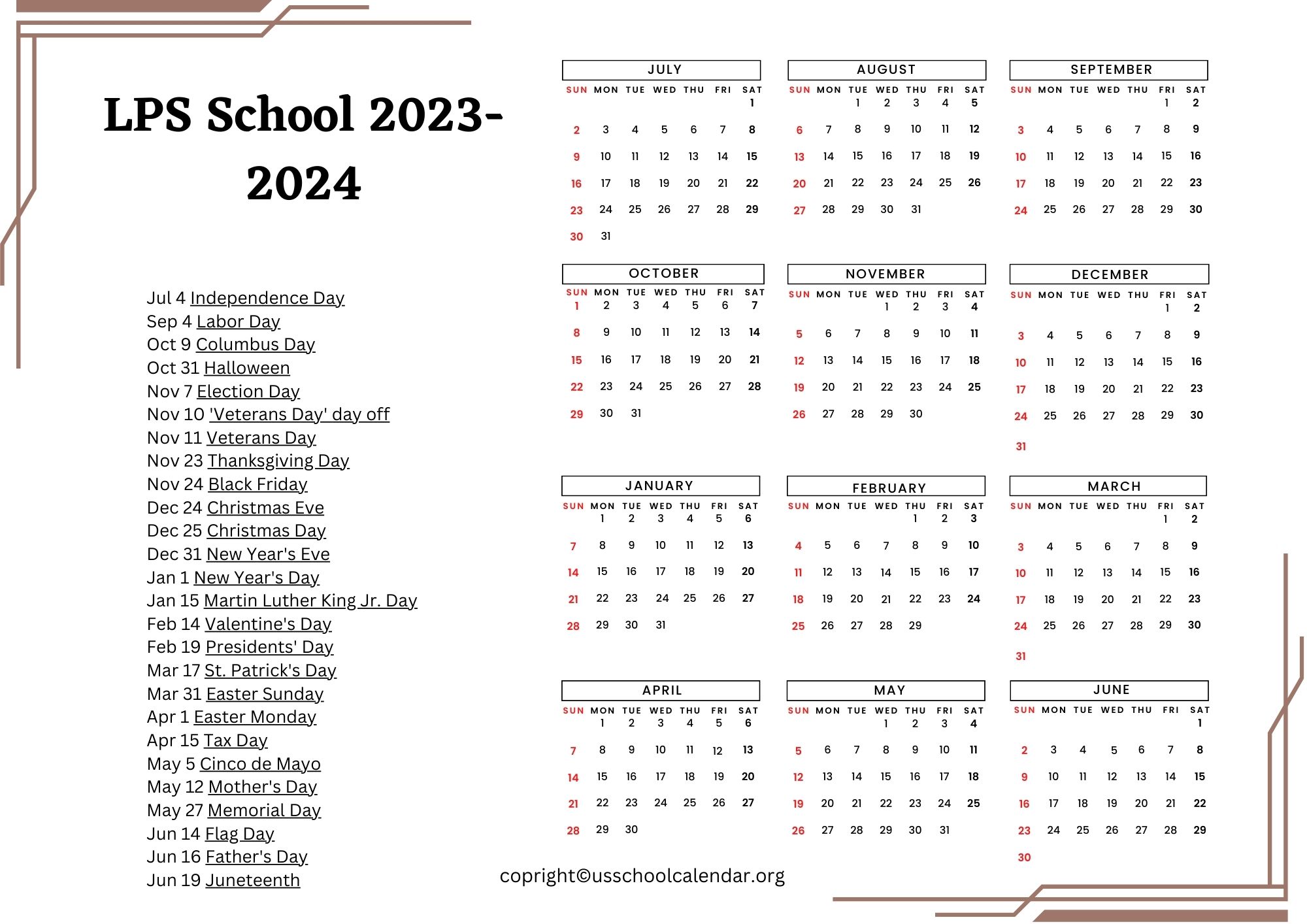 LPS School Calendar with Holidays 2324 [Lincoln Public Schools]