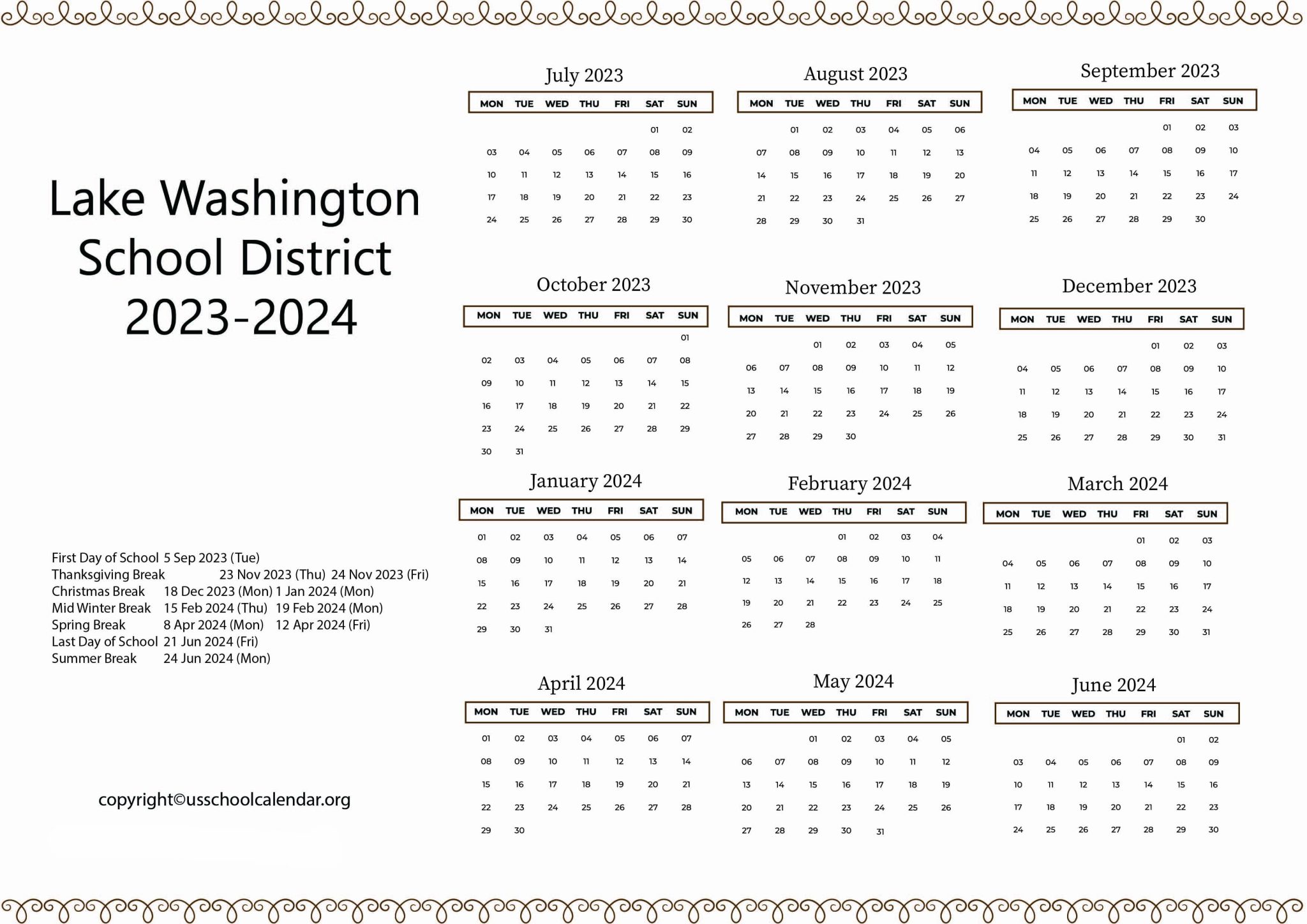 Lake Washington School District Calendar with Holidays 20232024