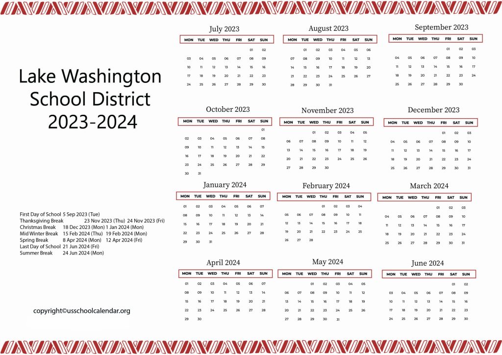 Lake Washington School District Holiday Calendar