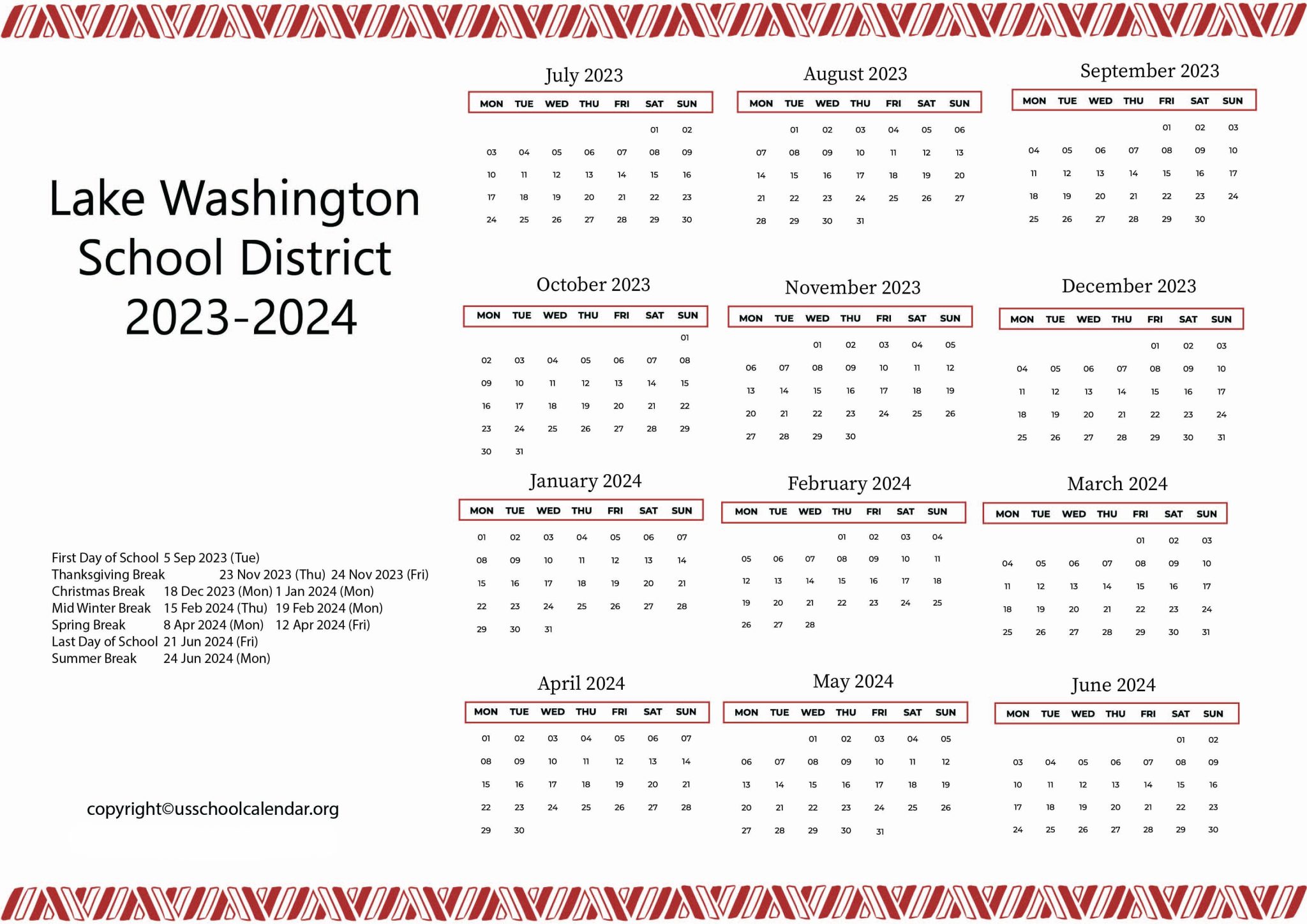 Lake Washington School District Calendar with Holidays 20232024