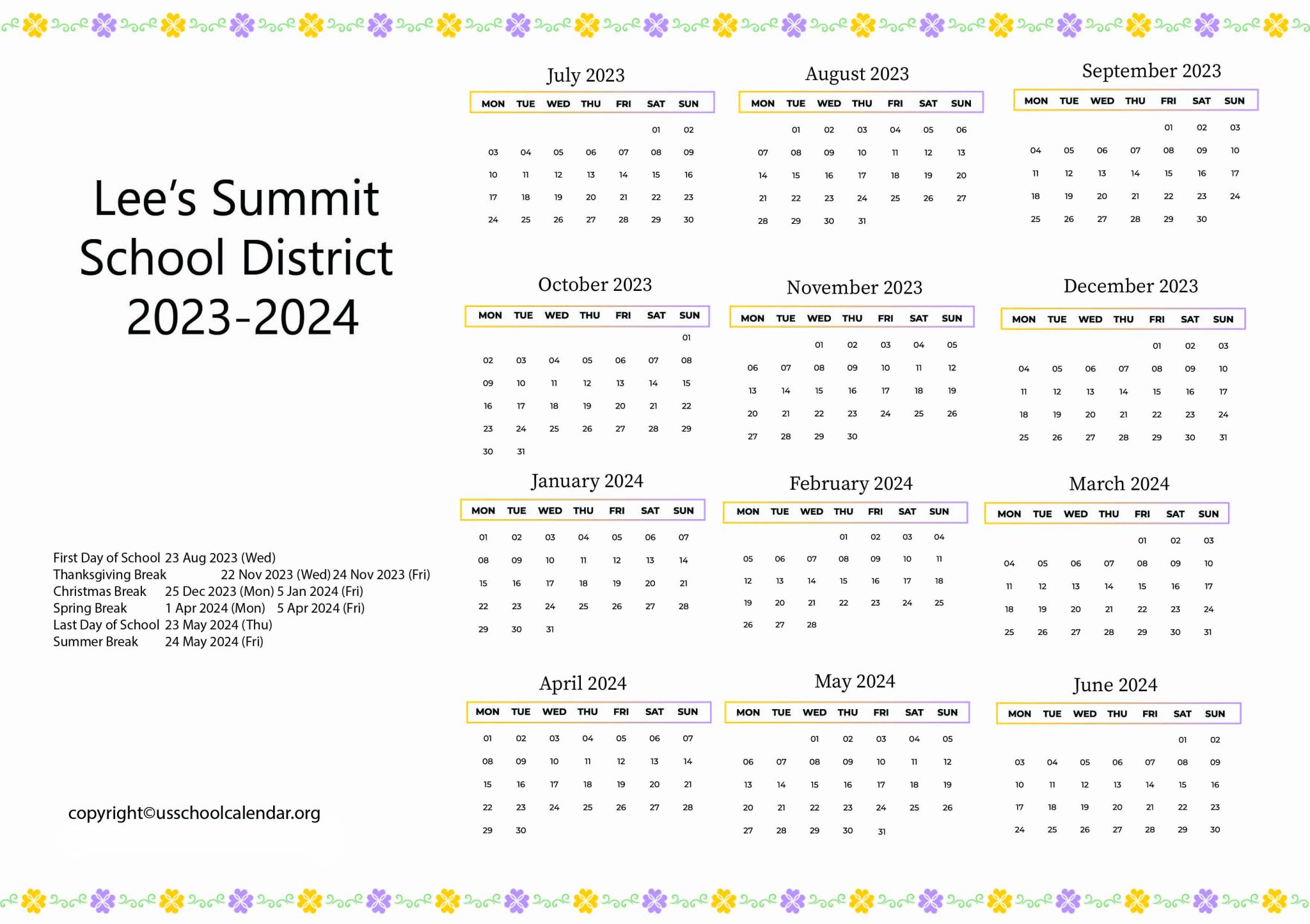 Lee #39 s Summit School District Calendar with Holidays 2023 2024