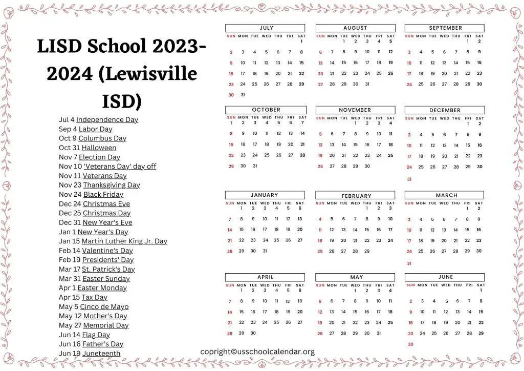Lewisville Independent School District Calendar [LISD]