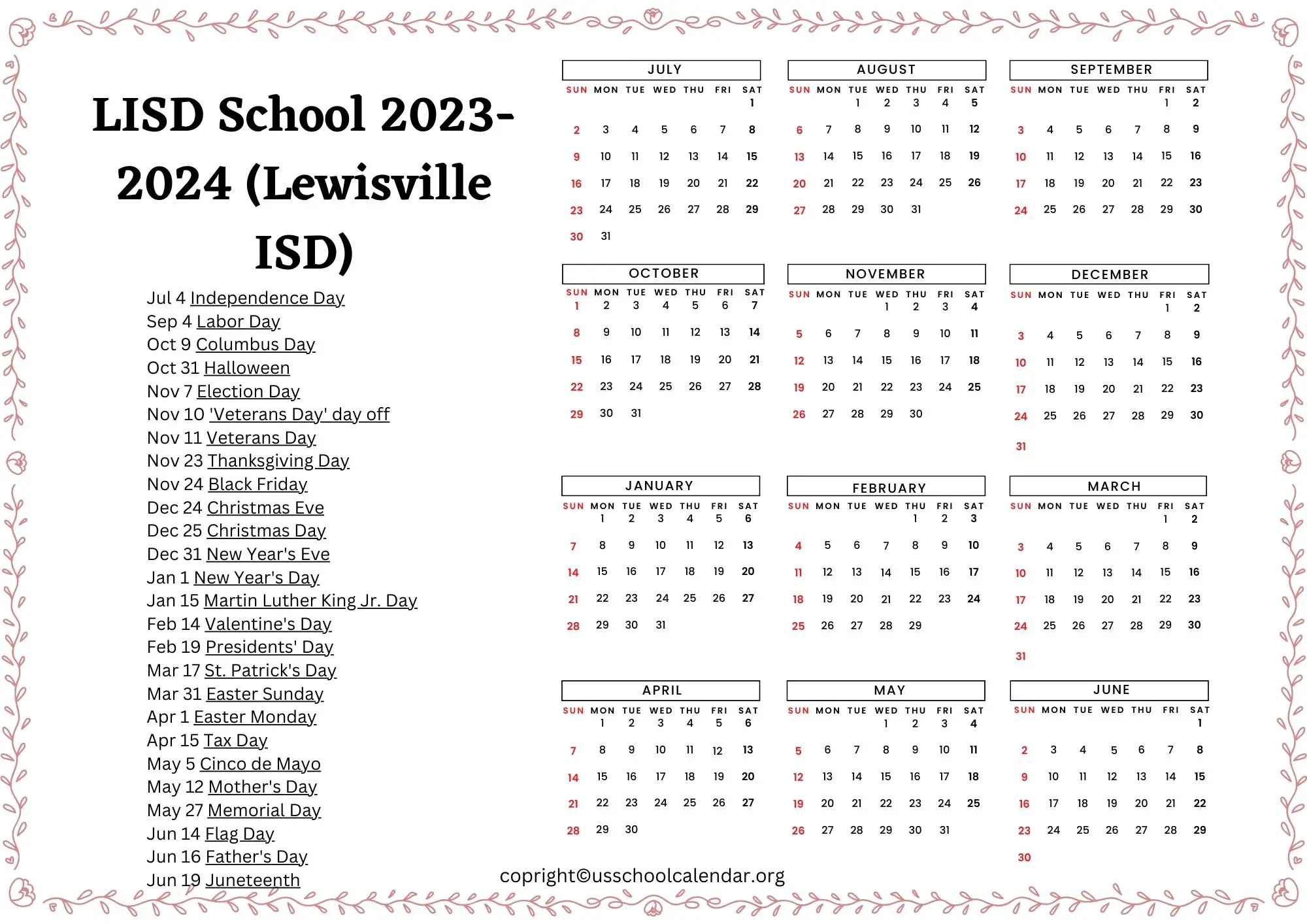 LISD School Calendar with Holidays 20232024 [Lewisville ISD]