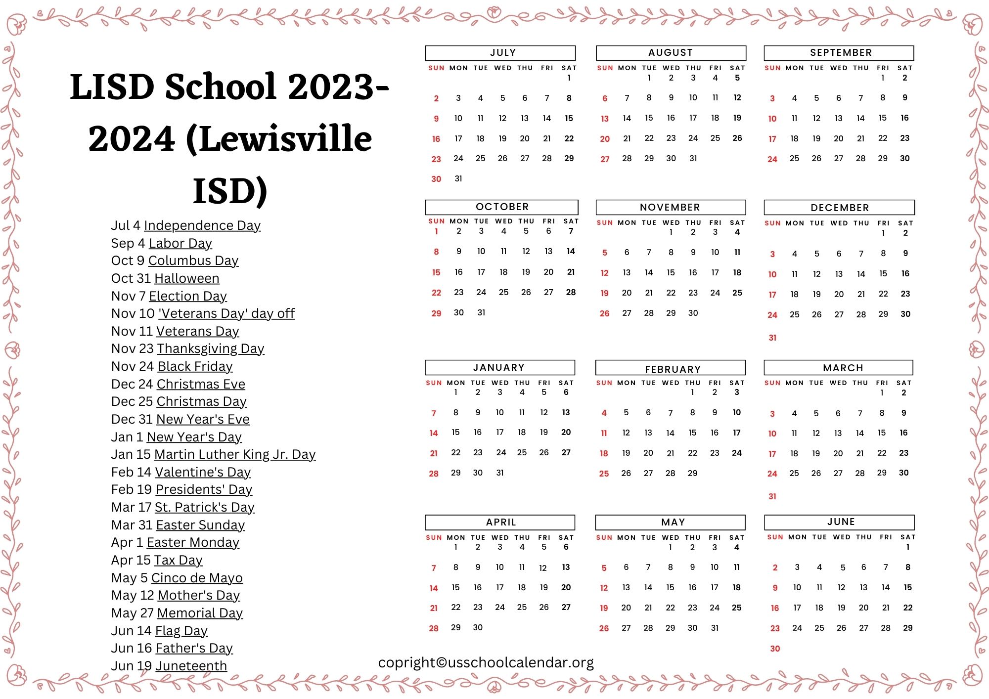 LISD School Calendar With Holidays 2023 2024 Lewisville ISD 