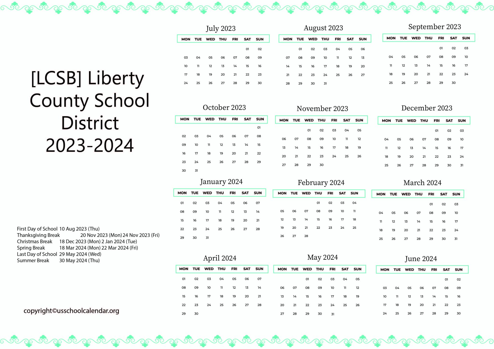 [LCSB] Liberty County School District Calendar Holidays 202324