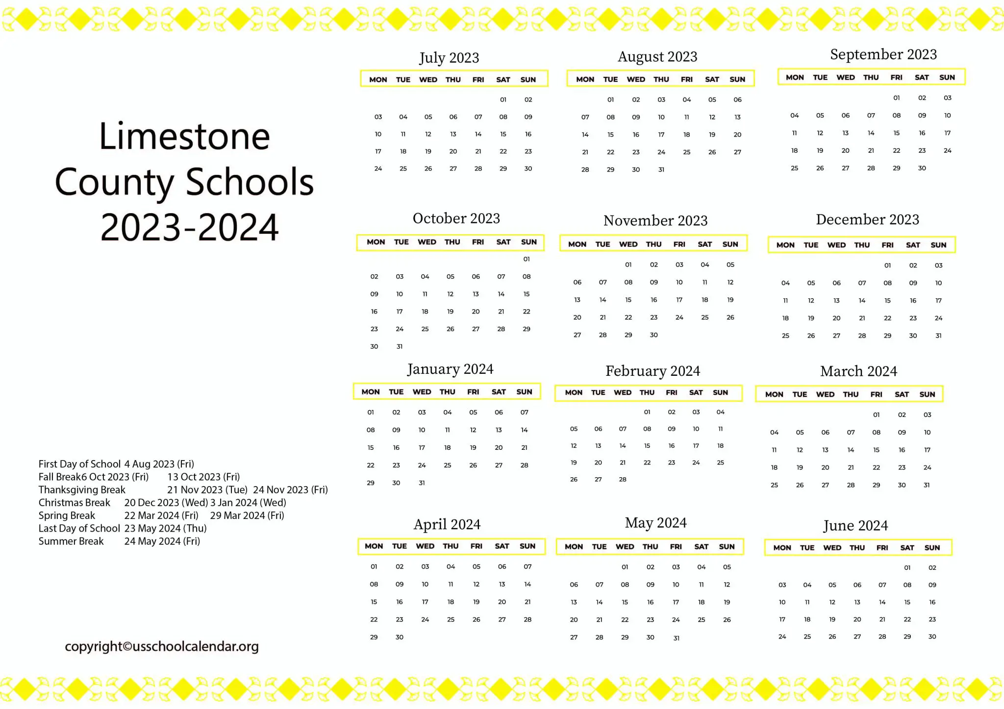 Limestone County Schools Calendar with Holidays 20232024