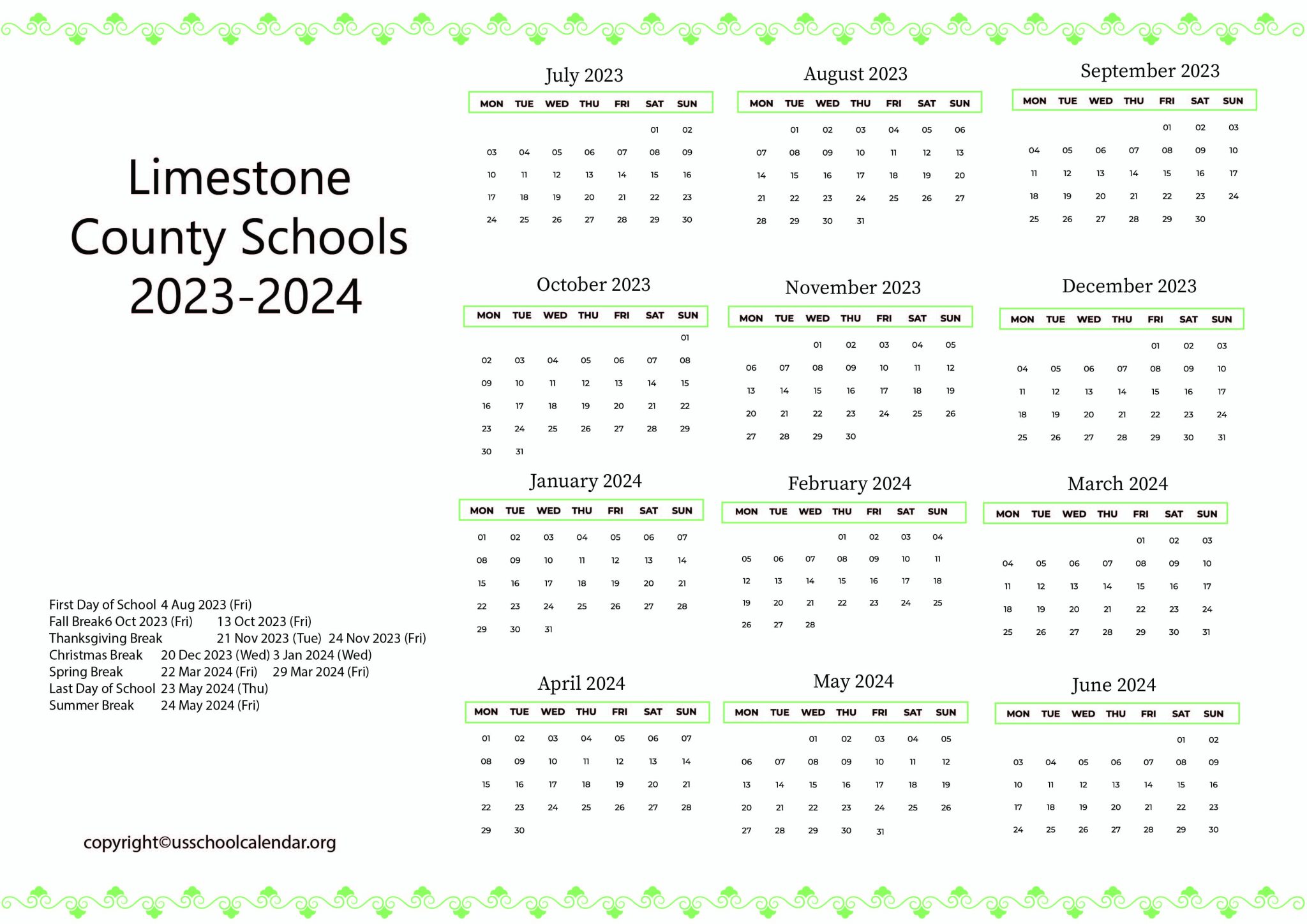 Limestone County Schools Calendar with Holidays 20232024