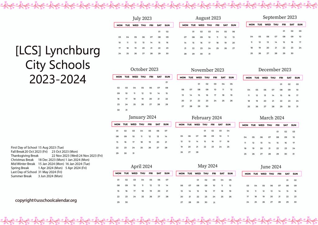  LCS Lynchburg City Schools Calendar With Holidays 2023 2024
