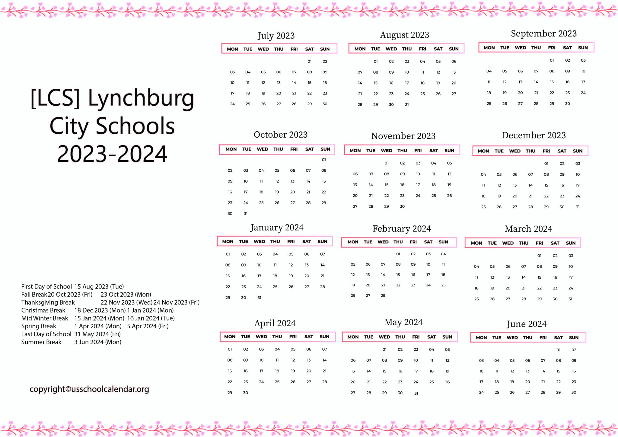 [LCS] Lynchburg City Schools Calendar with Holidays 20232024