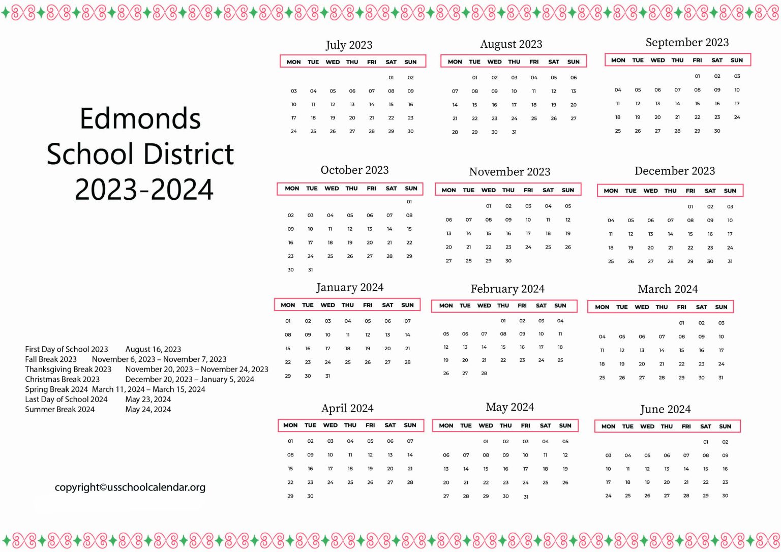 MISD School Calendar with Holidays 20232024 [Mansfield ISD]