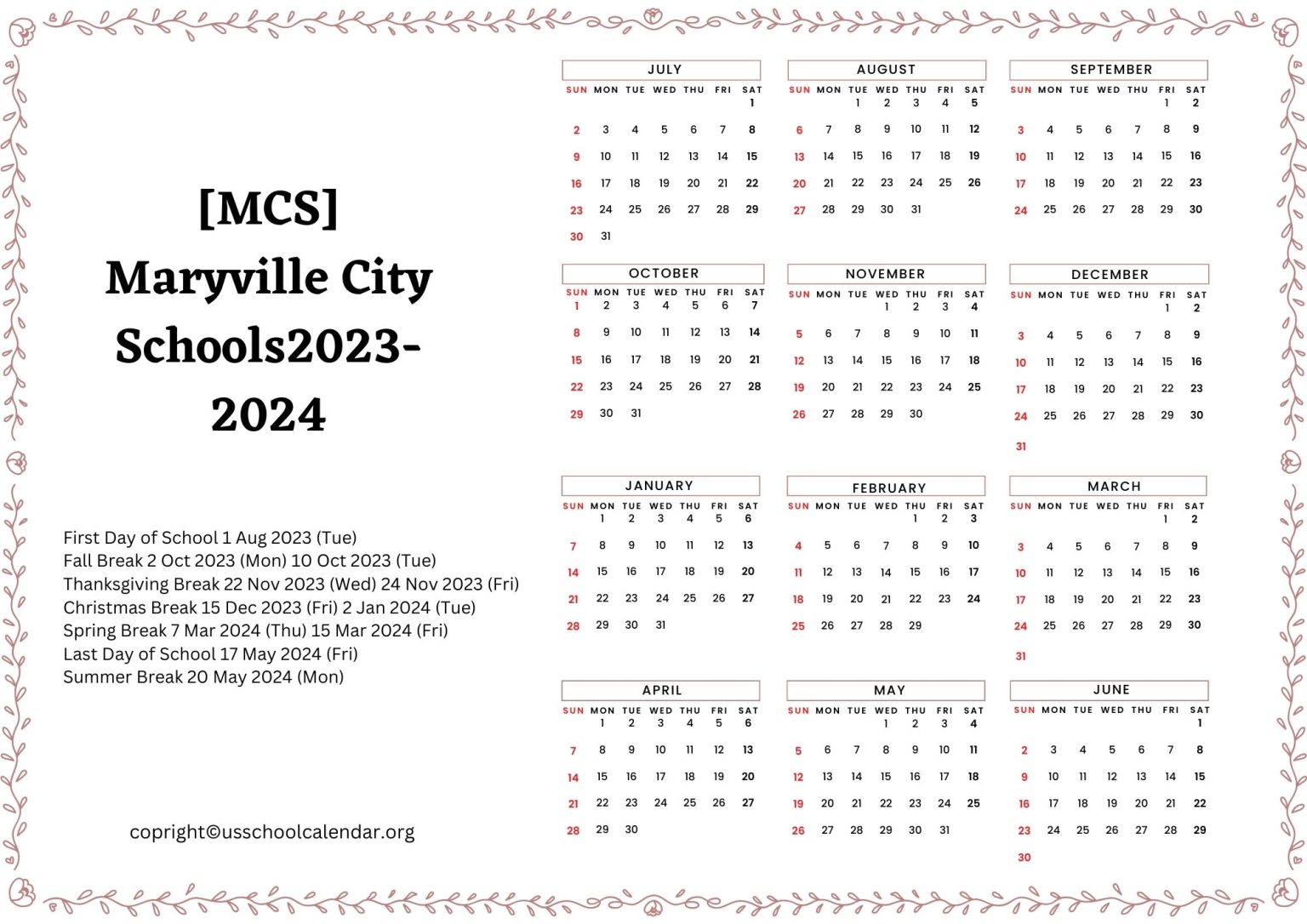 [MCS] Maryville City Schools Calendar with Holidays 2023-2024
