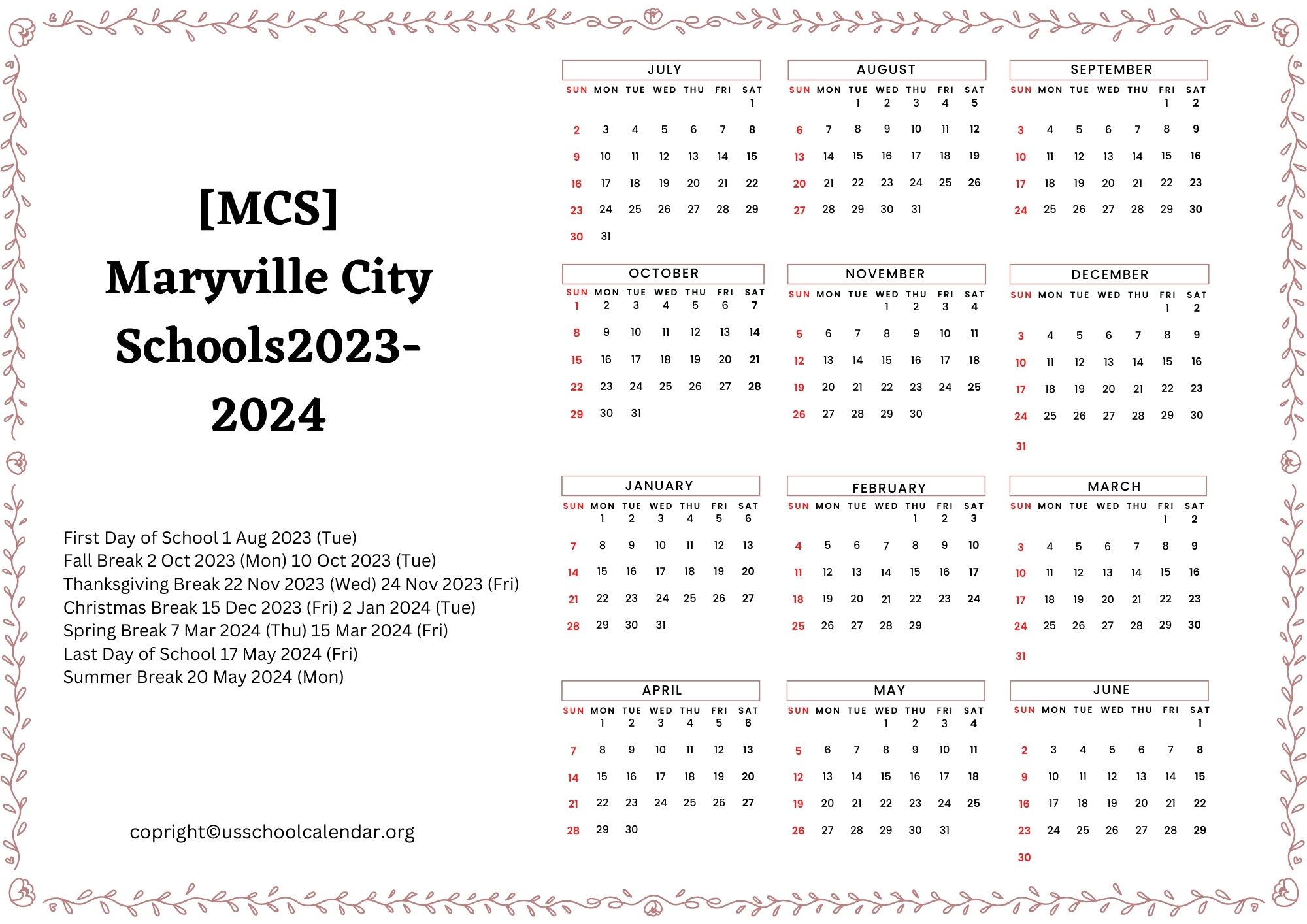 [MCS] Maryville City Schools Calendar with Holidays 20232024