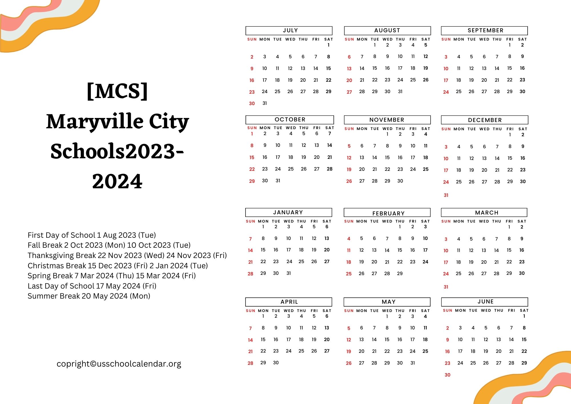 [MCS] Maryville City Schools Calendar with Holidays 20232024