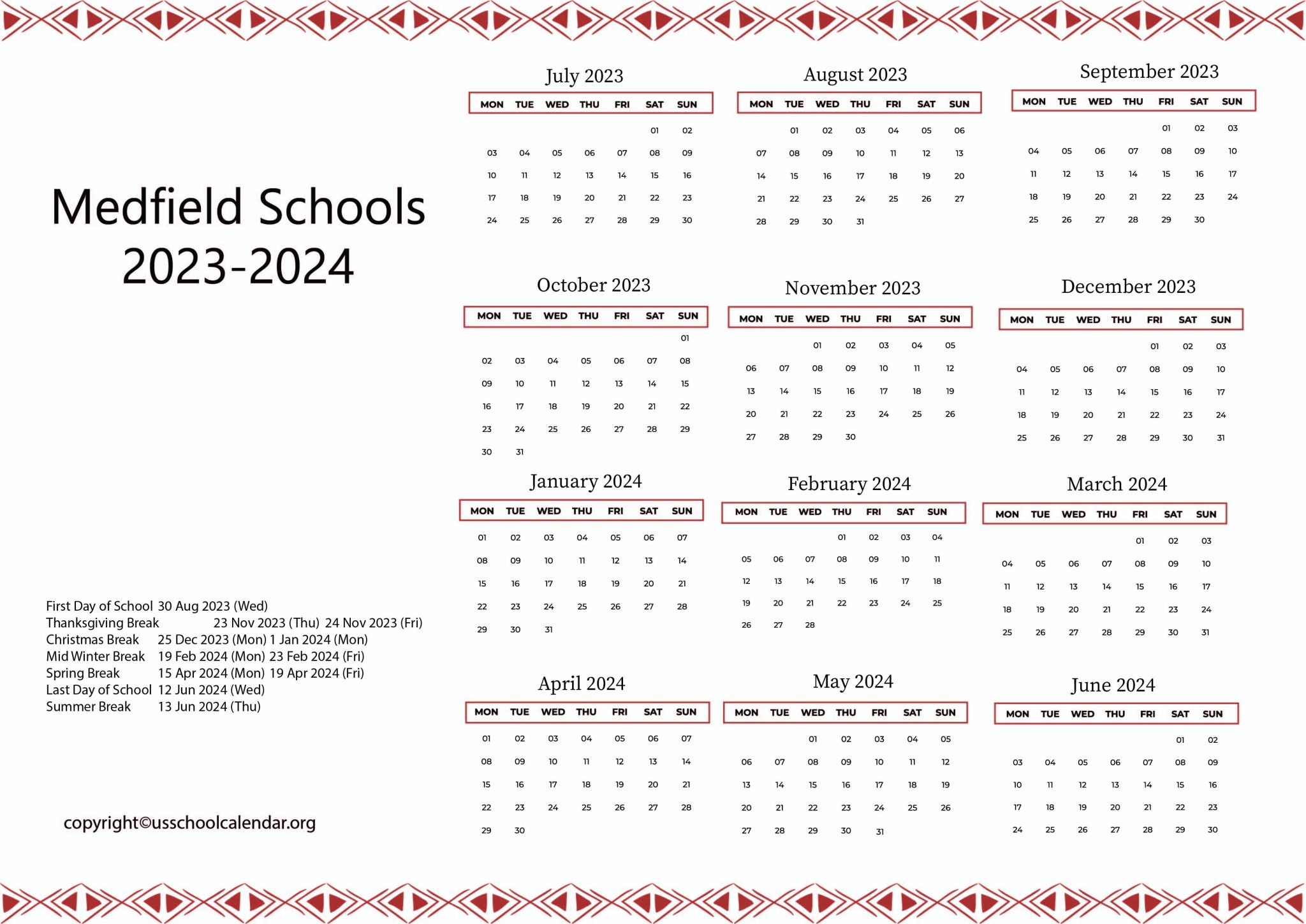 Medfield Schools Calendar with Holidays 2023-2024