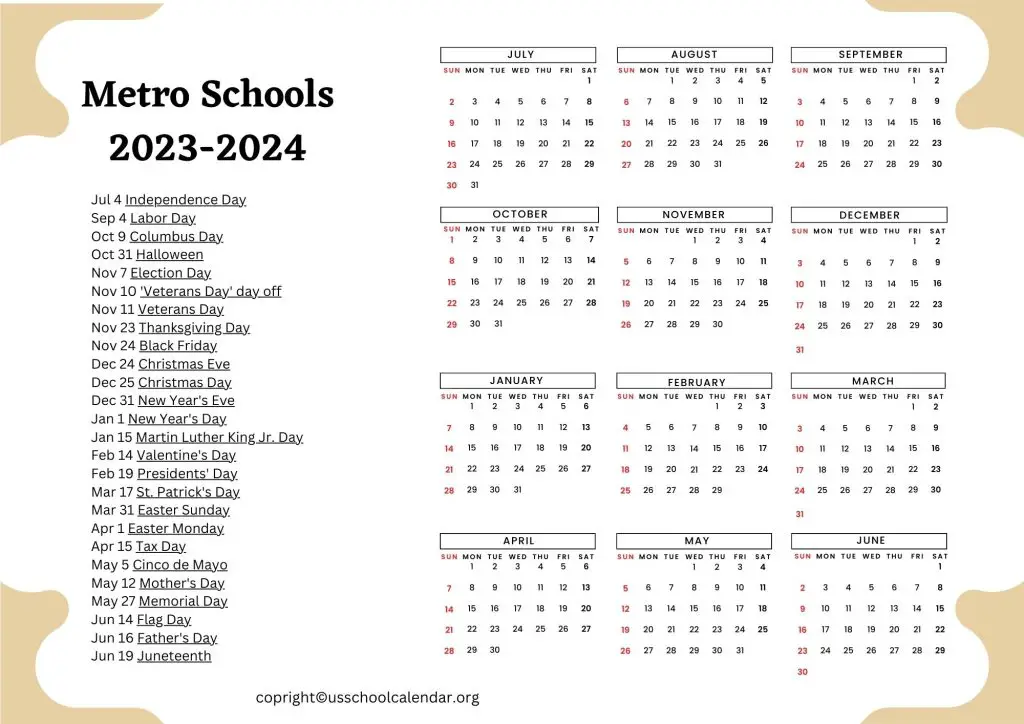 Metro Schools Calendar