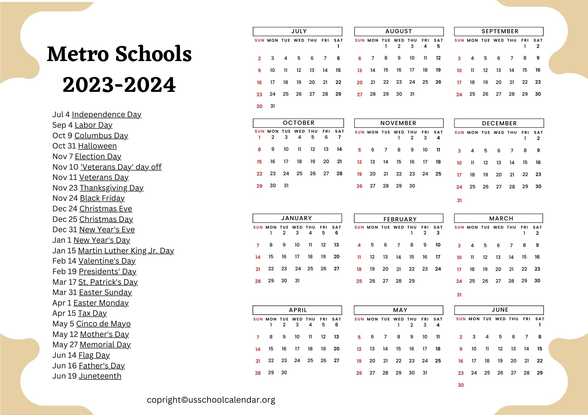 Metro Schools Calendar with Holidays 2023 2024