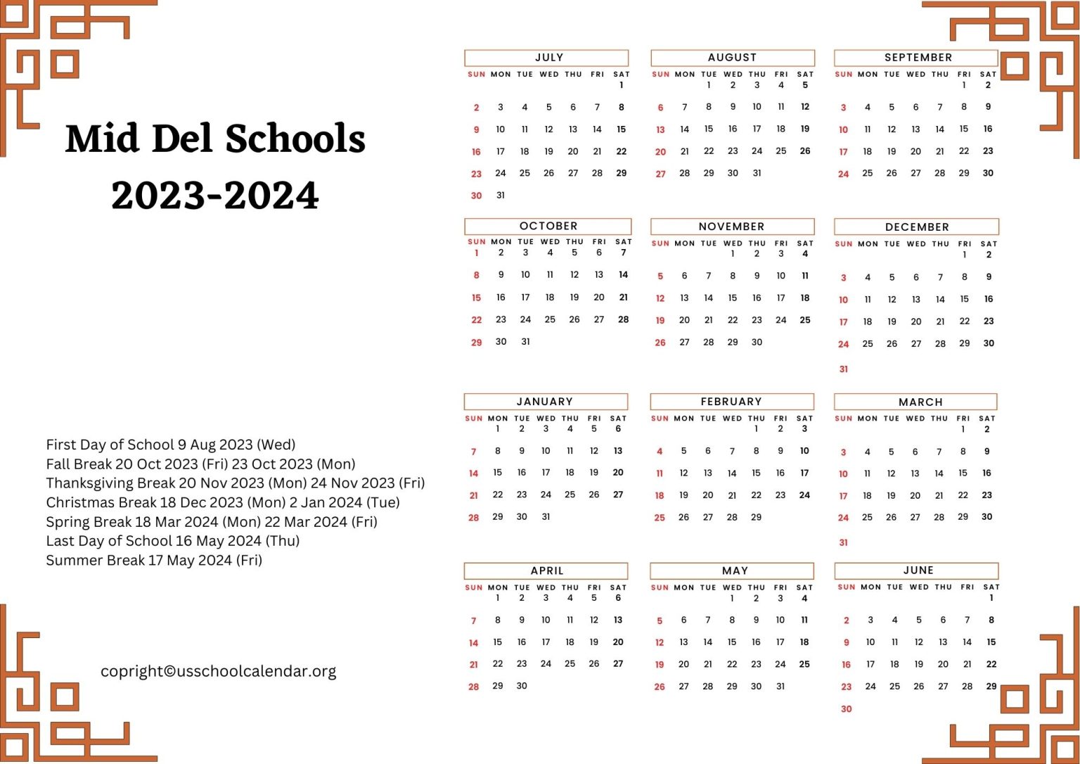 Mid Del Schools Calendar with Holidays 20232024