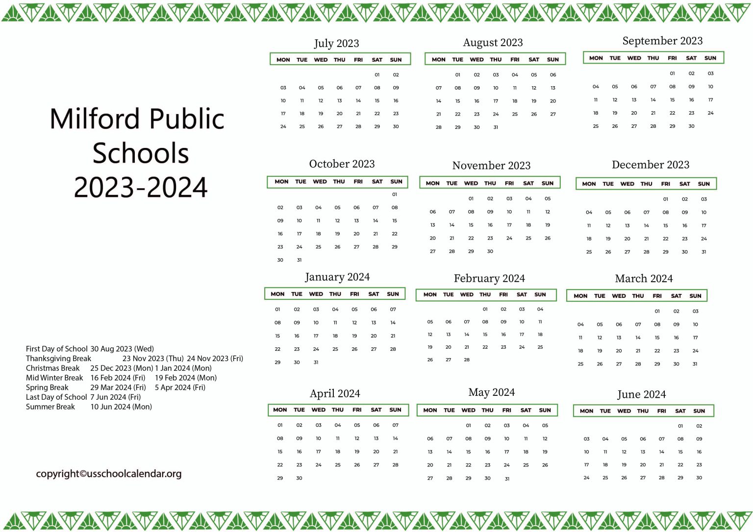 Milford Public Schools Calendar with Holidays 20232024