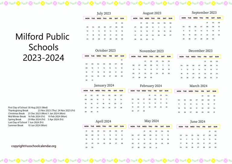 Milford Public Schools Calendar with Holidays 2023 2024