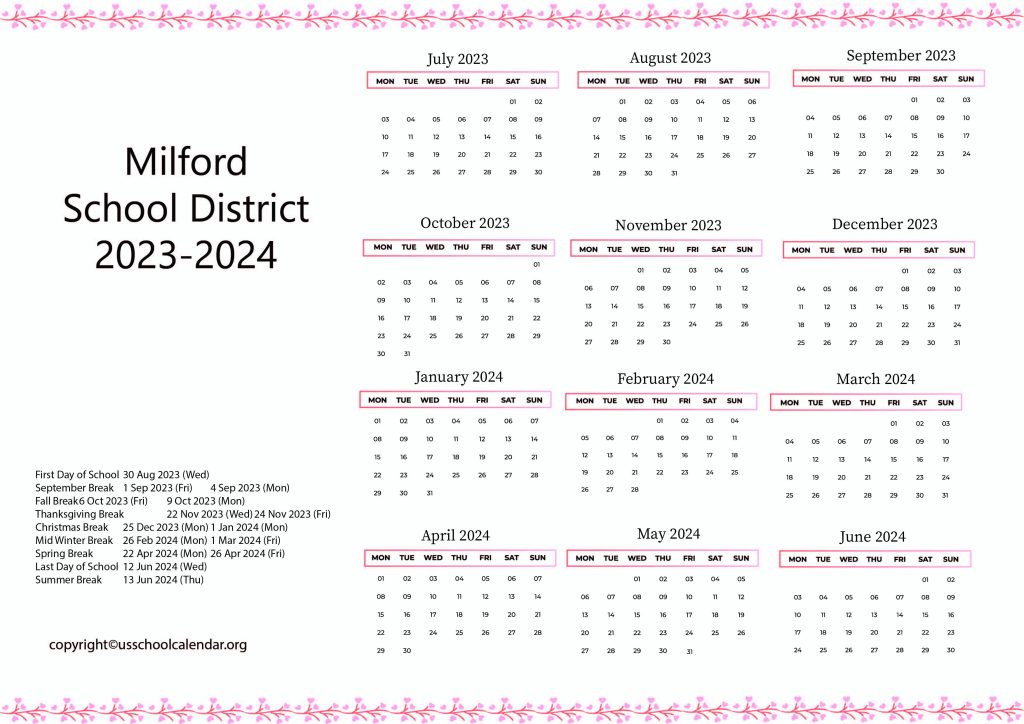 Milford School District Calendar with Holidays 20232024
