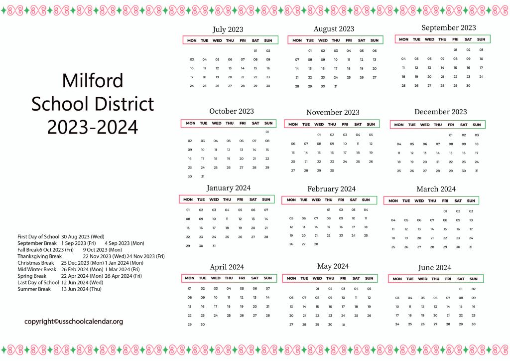 Milford School District Holiday Calendar