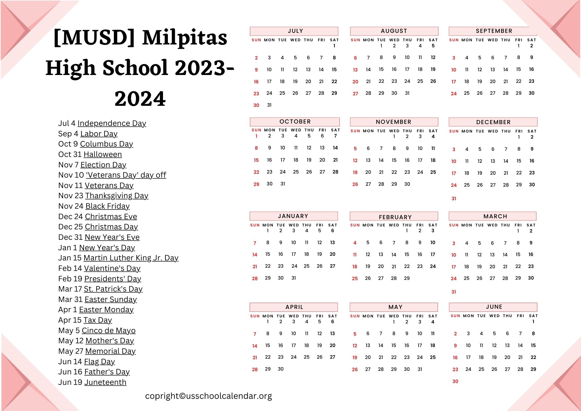 [MUSD] Milpitas High School Calendar with Holidays 20232024