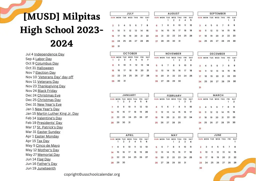 Milpitas Unified School District Calendar