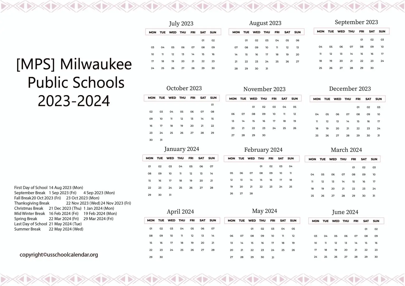 MPS Milwaukee Public Schools Calendar Holidays 2023 2024