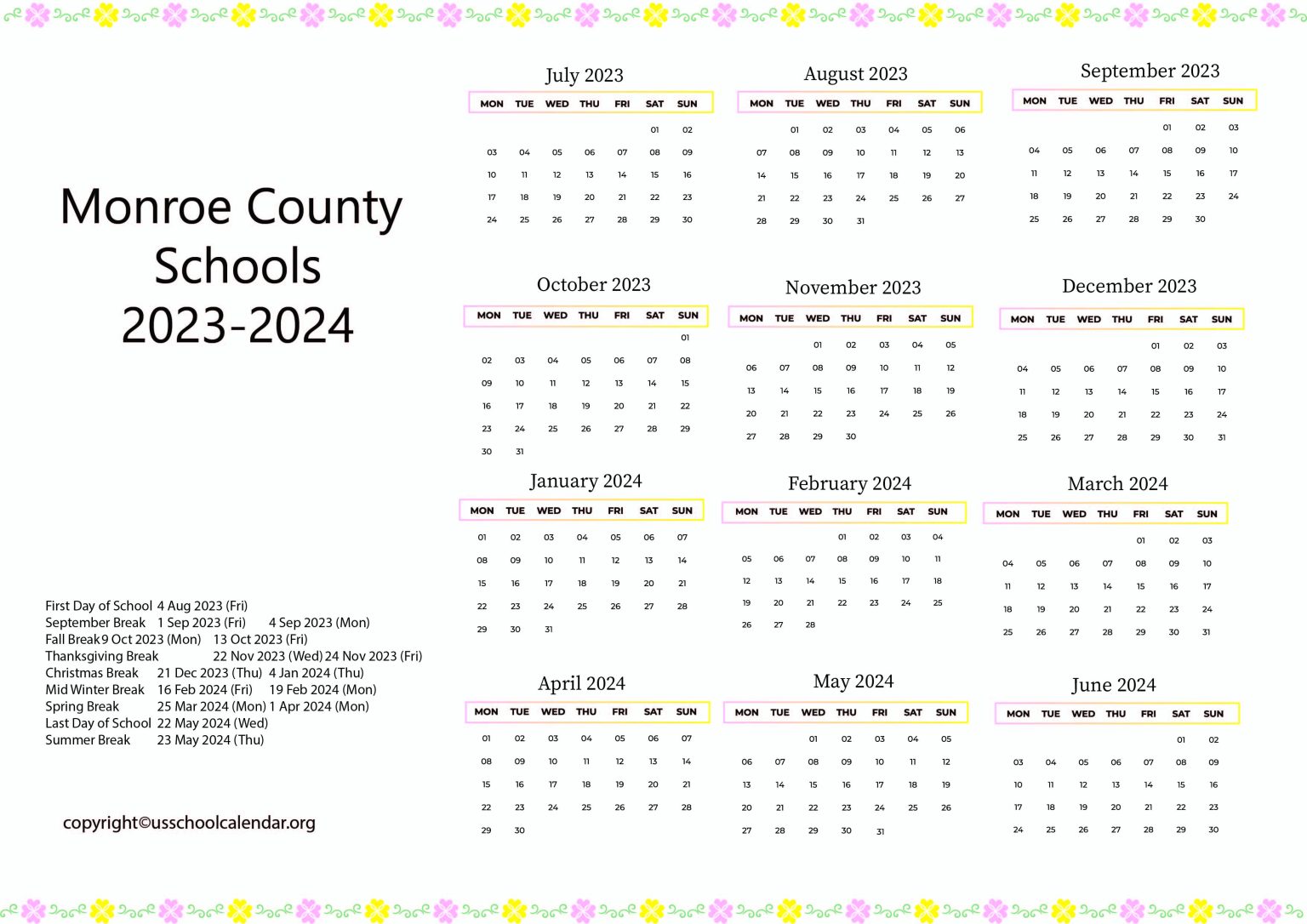 Monroe County Schools Calendar with Holidays 20232024