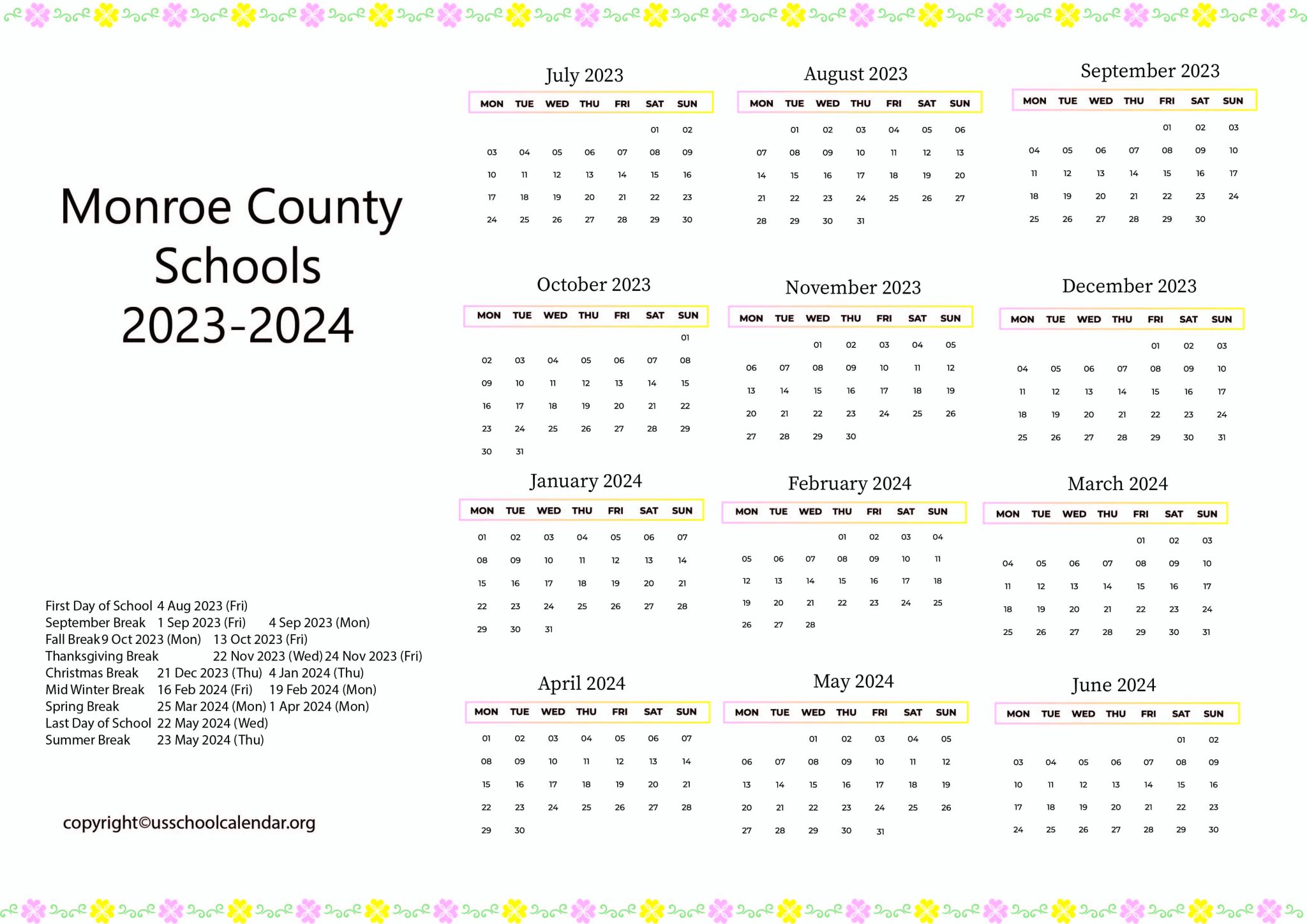 Monroe County Schools Calendar with Holidays 2023 2024