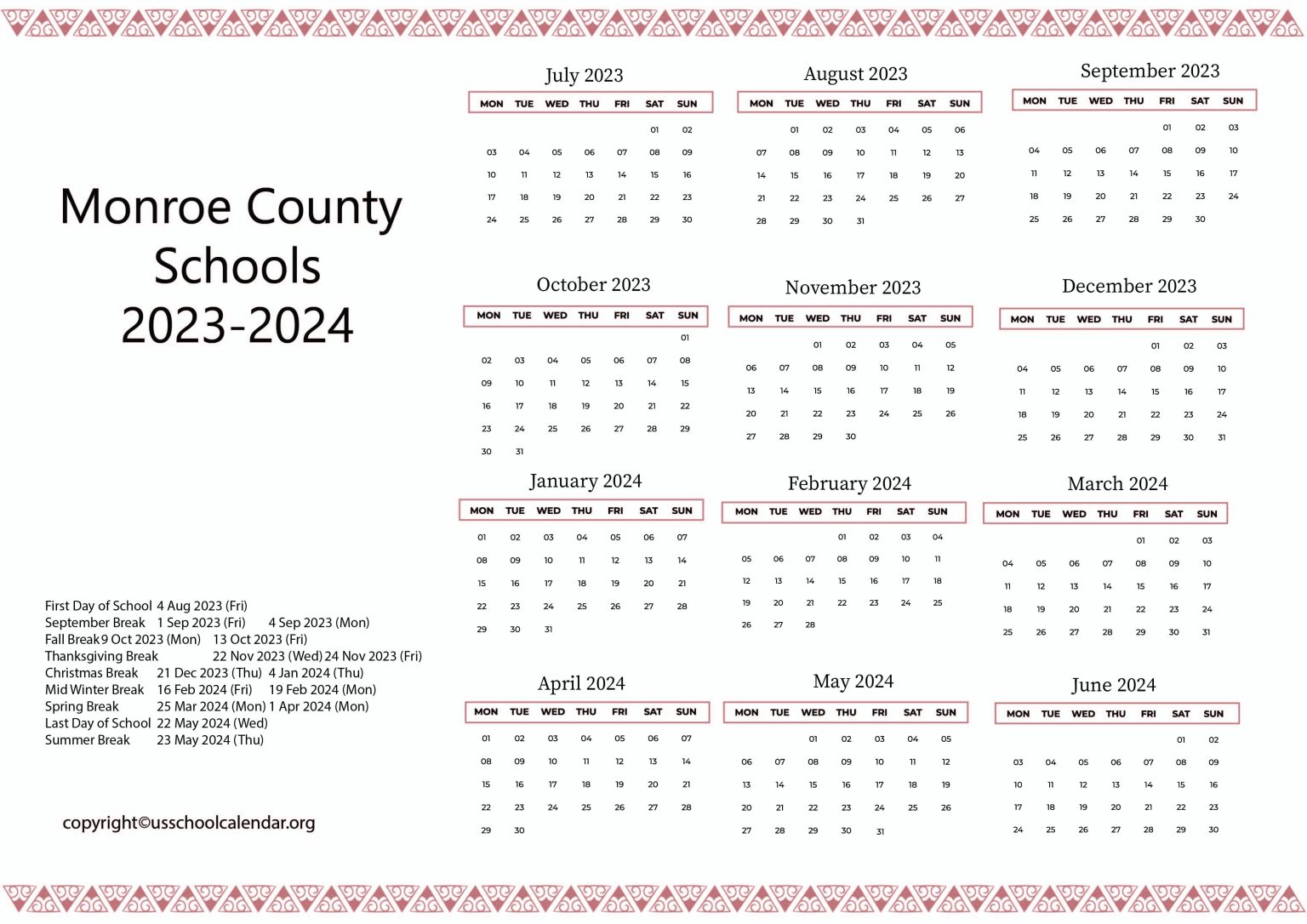 Monroe County Schools Calendar with Holidays 20232024