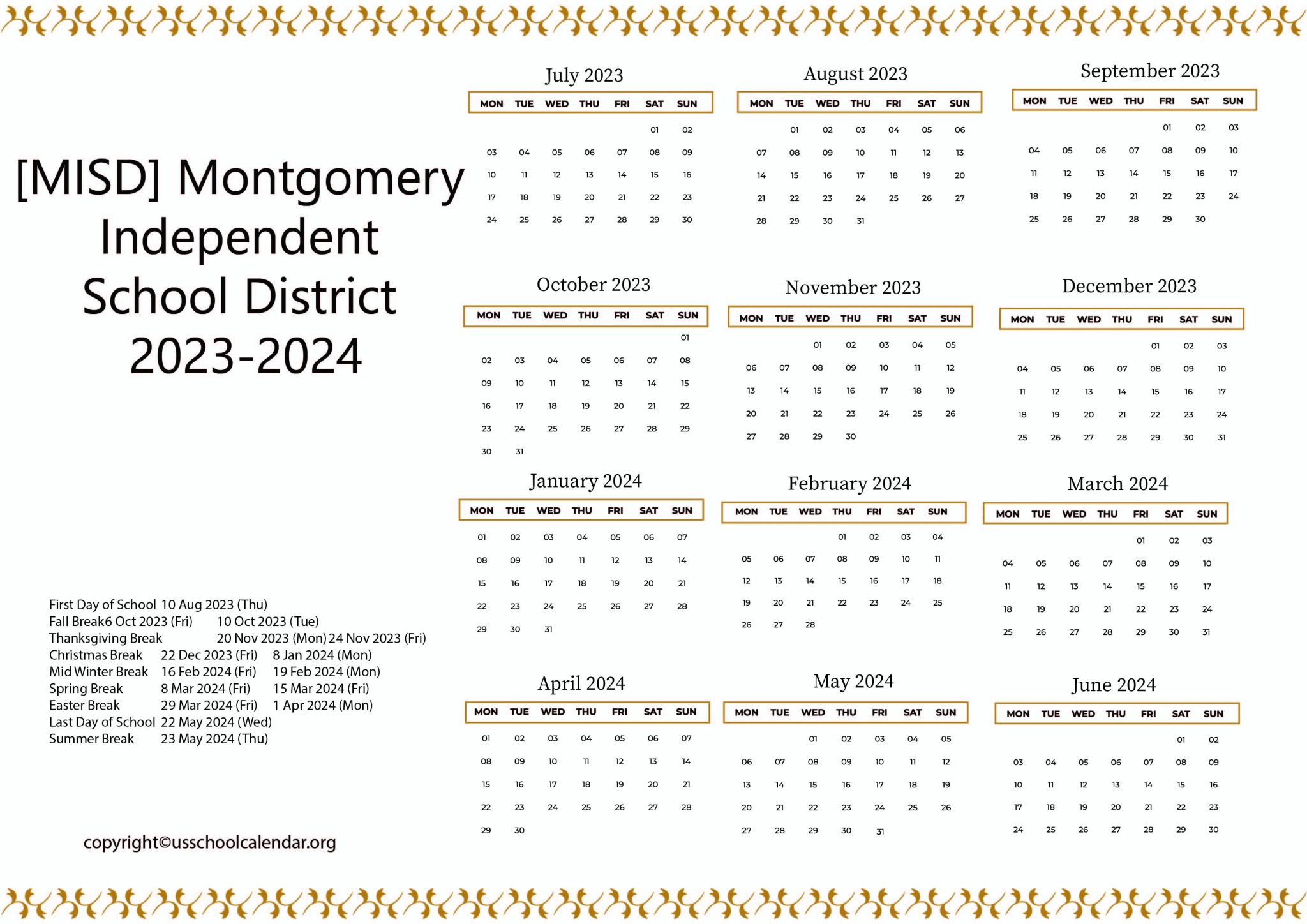 [MISD] Montgomery Independent School District Calendar 202324
