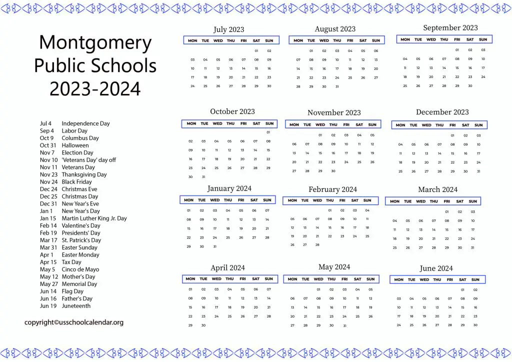 Montgomery Public Schools Holiday Calendar