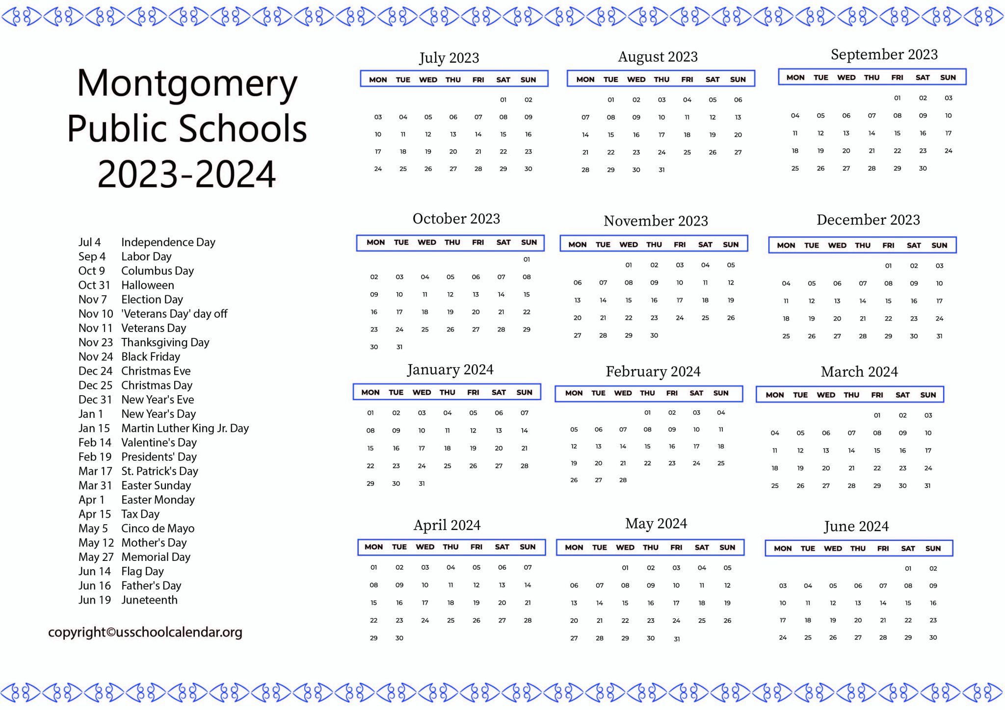 Montgomery Public Schools Calendar with Holidays 20232024