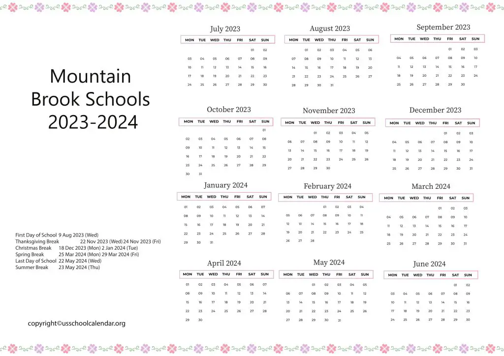 Mountain Brook City Schools Calendar