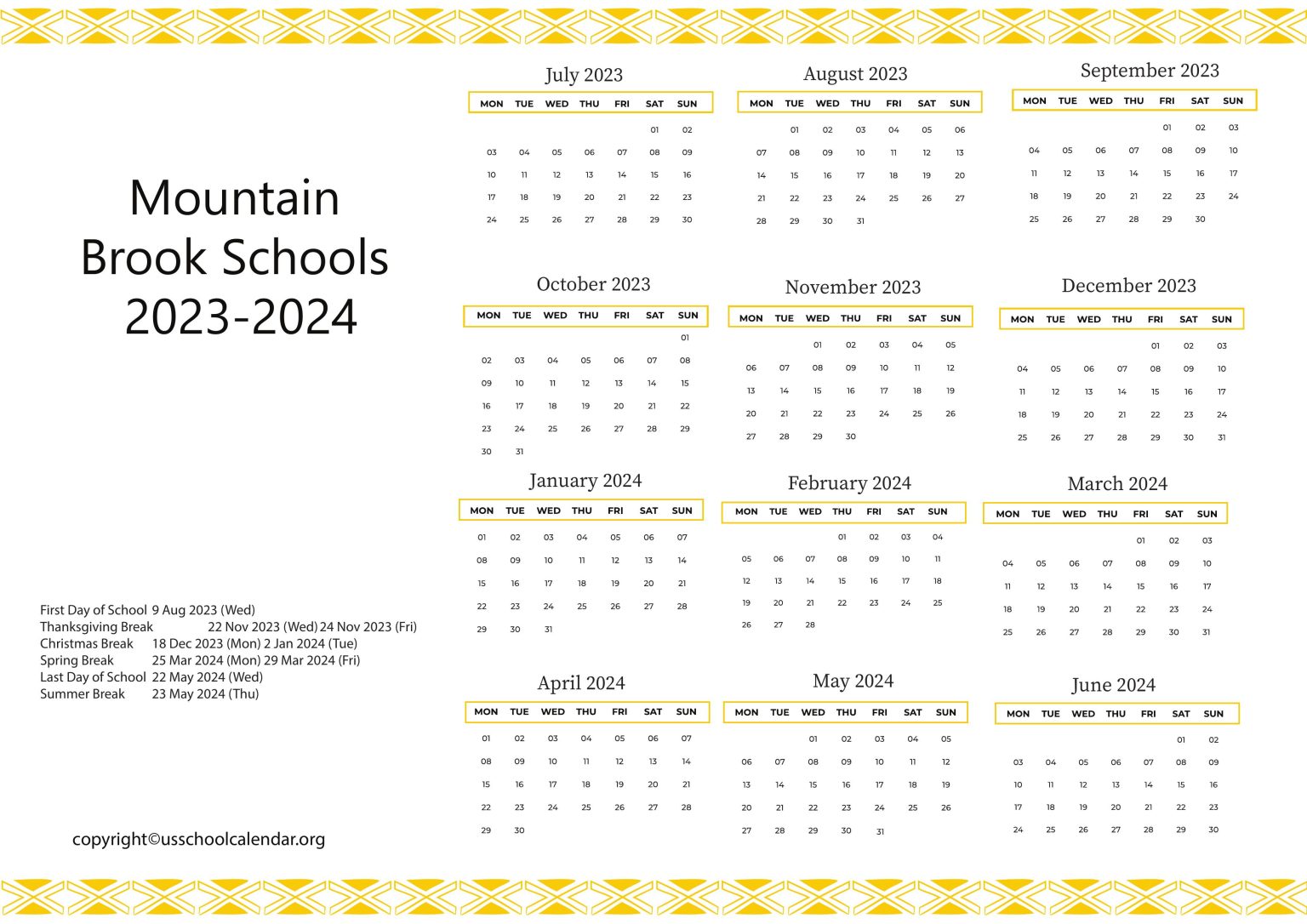 Mountain Brook Schools Calendar with Holidays 20232024