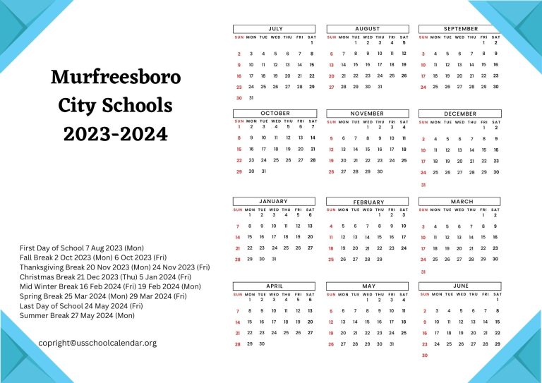 Murfreesboro City Schools Calendar with Holidays 20232024