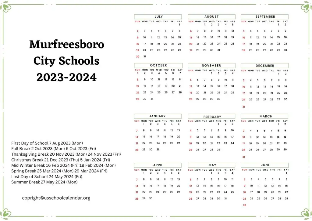 Murfreesboro School District Calendar