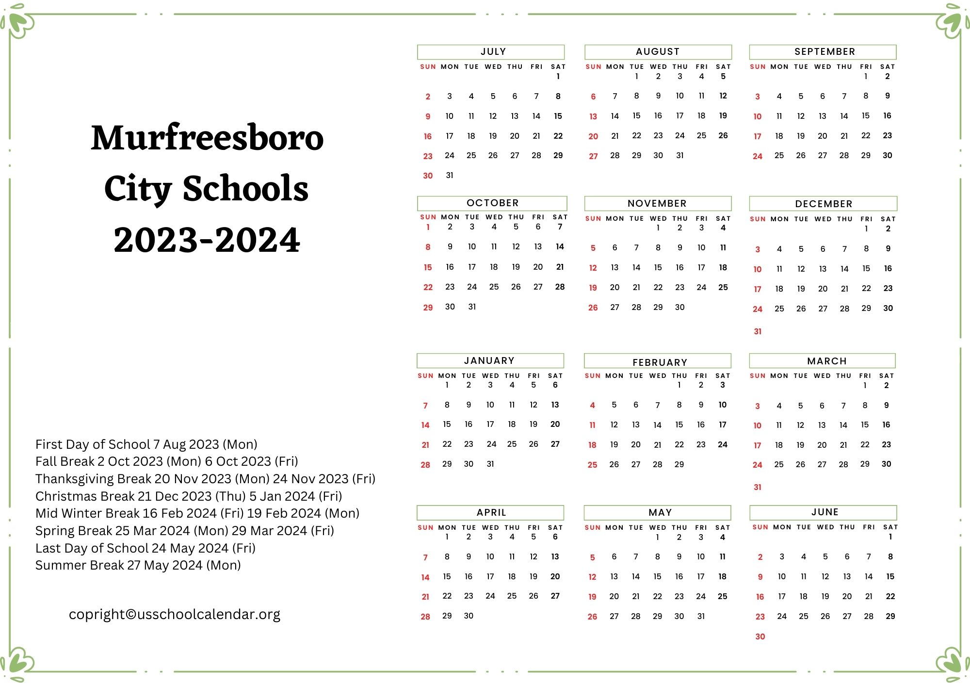 Murfreesboro City Schools Calendar with Holidays 2023 2024