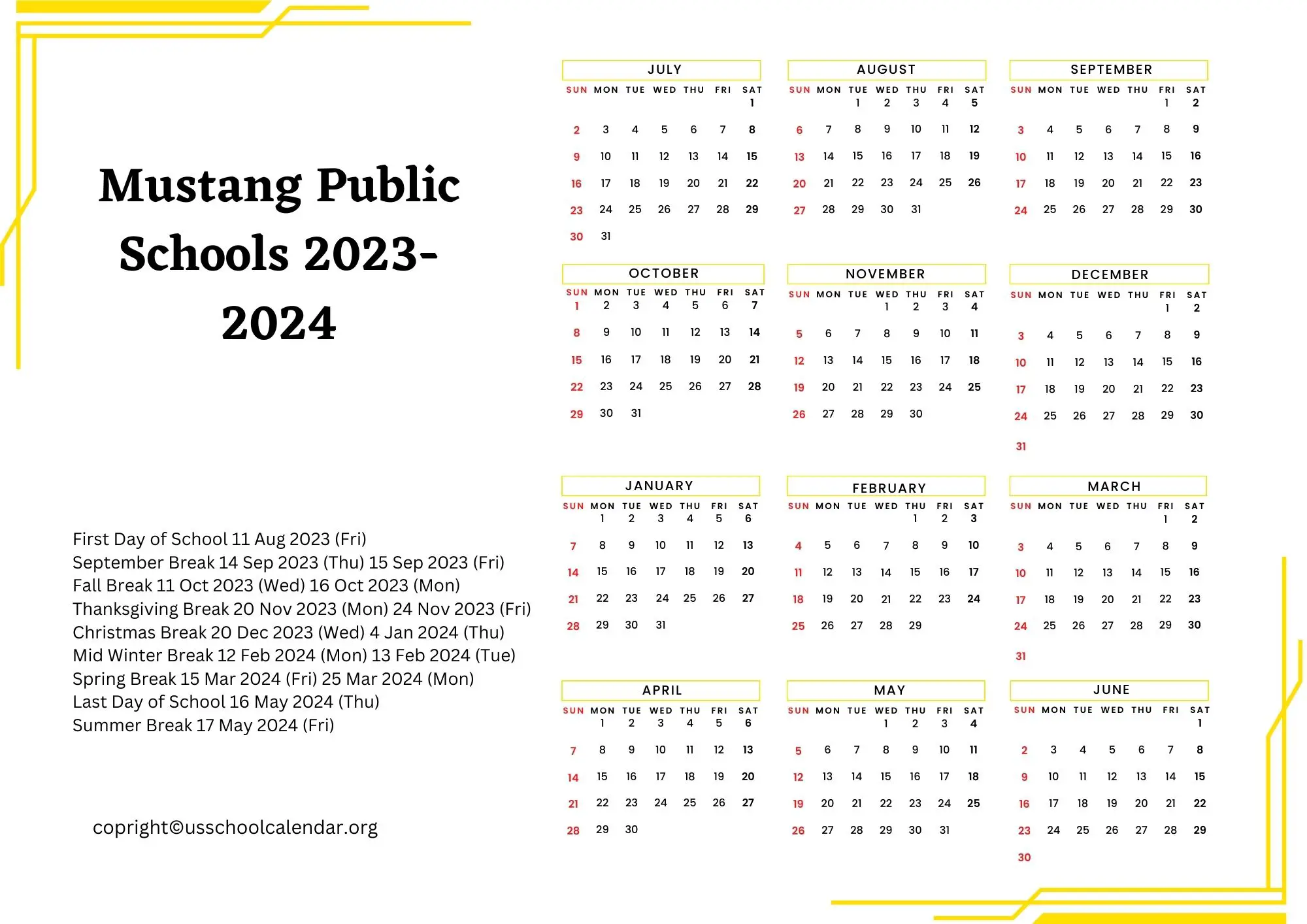 Mustang Public Schools Calendar with Holidays 20232024