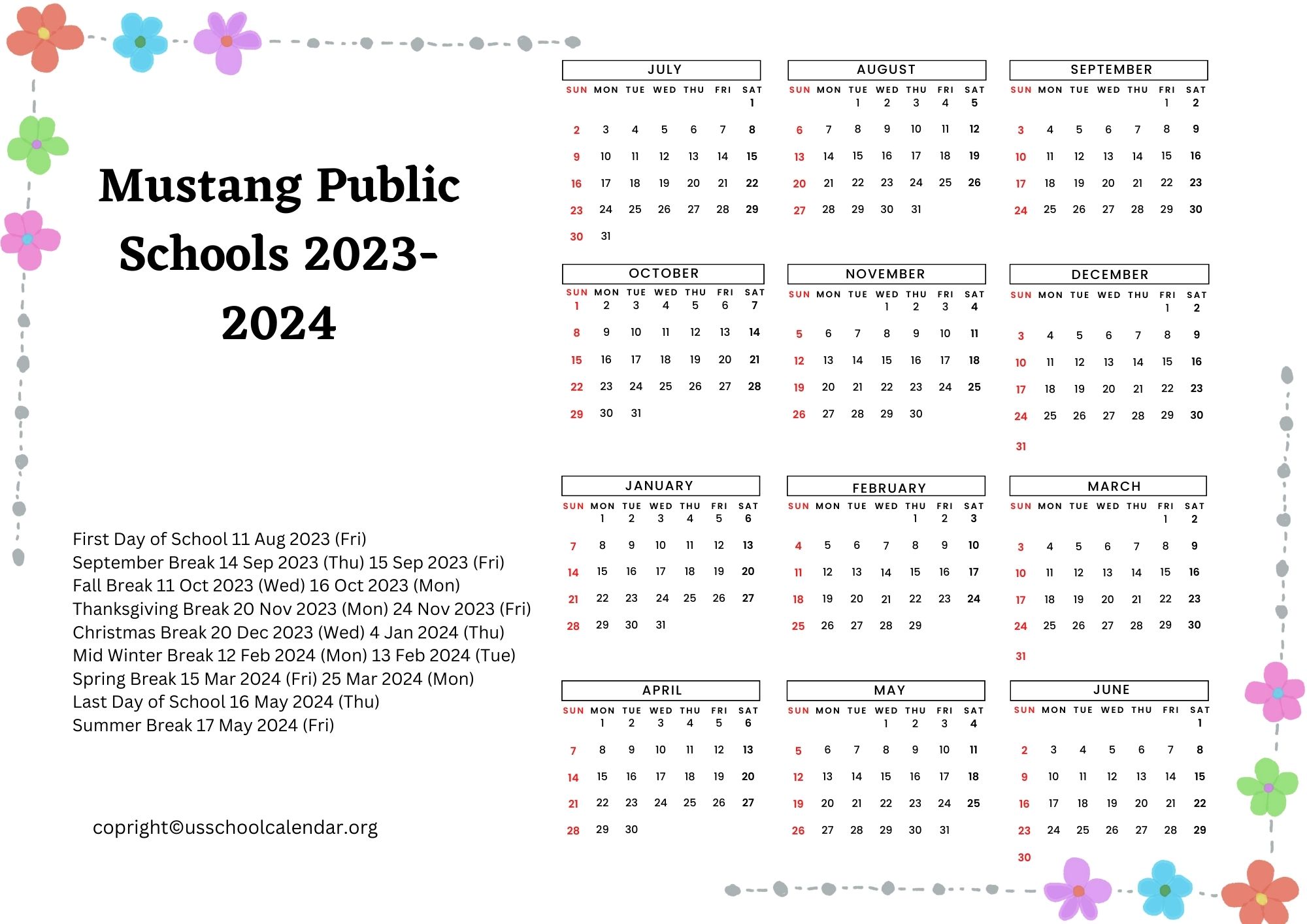 Mustang Public Schools Calendar with Holidays 20232024
