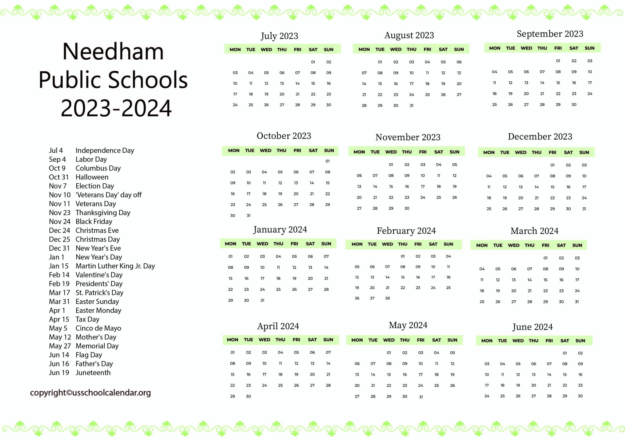 Needham Public Schools Calendar with Holidays 2023-2024