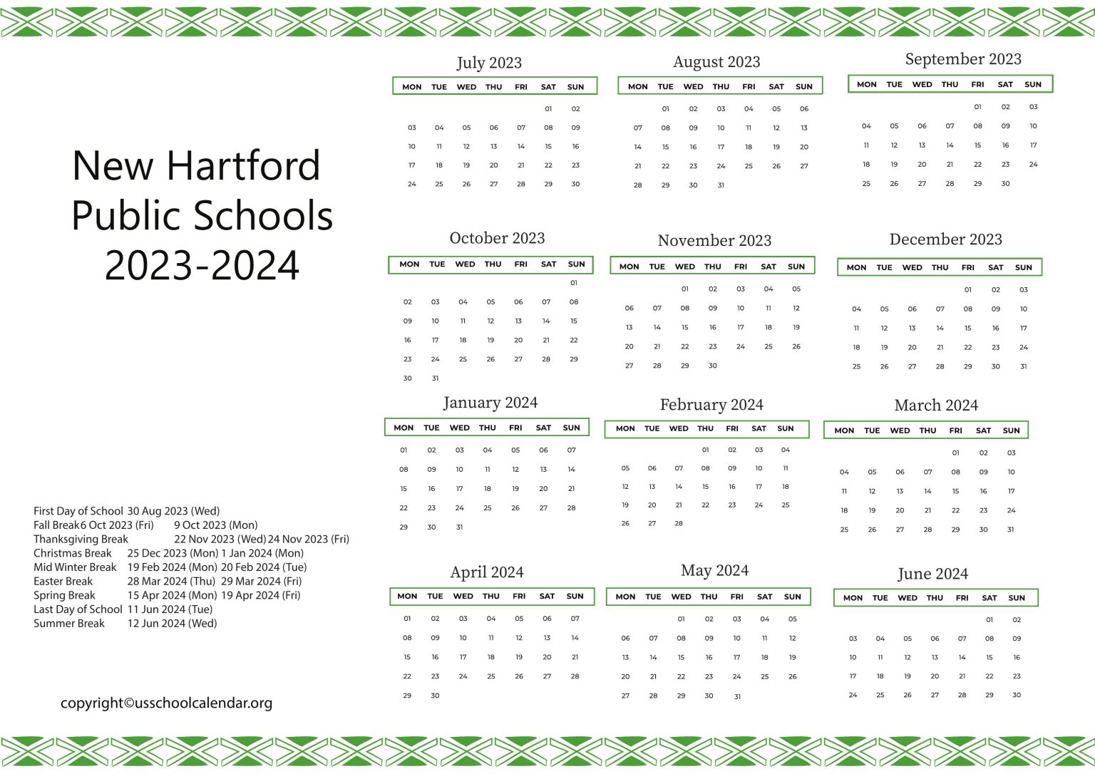 New Hartford Public Schools Calendar Holidays 20232024