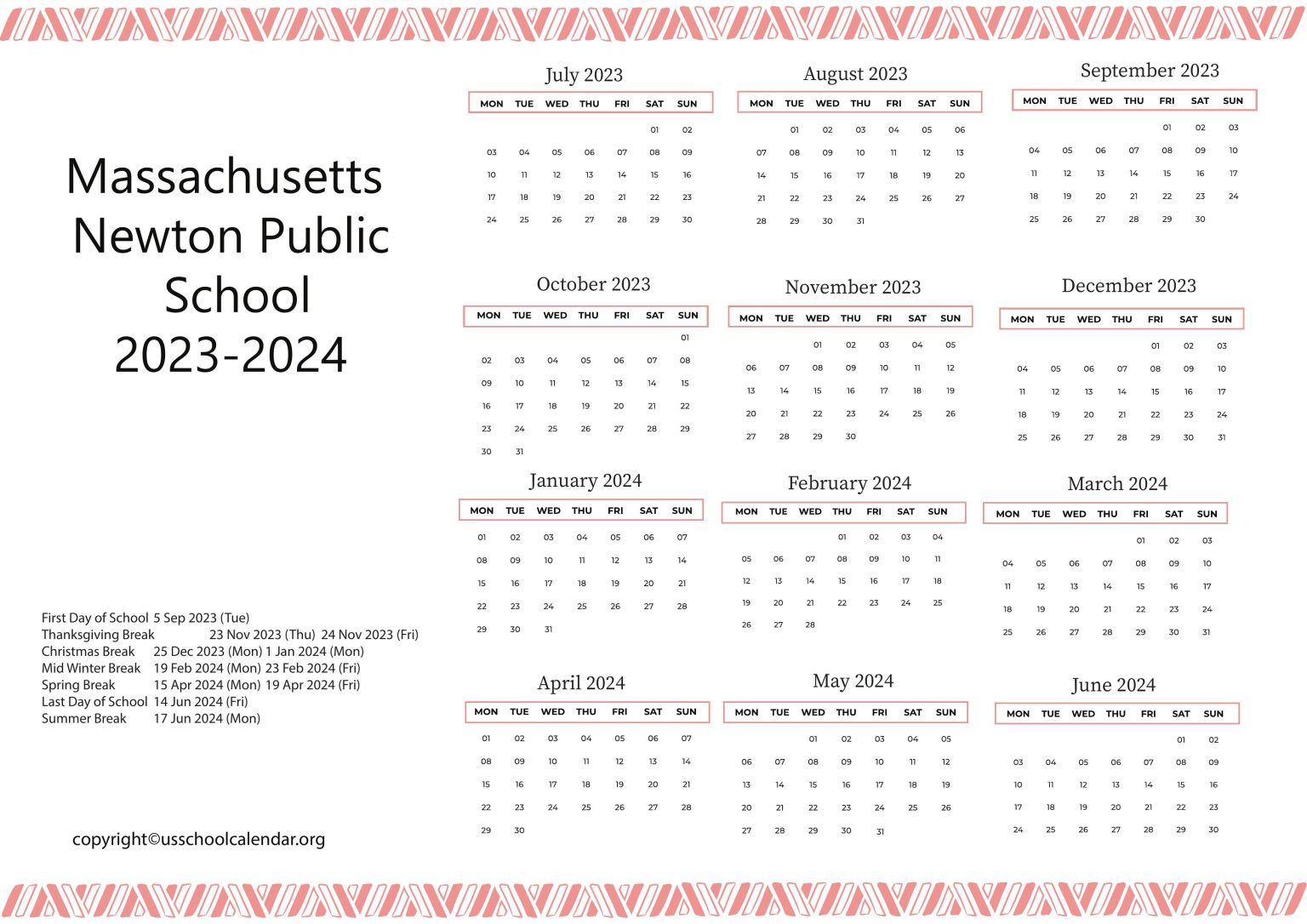 Massachusetts Newton Public Schools Calendar 20232024