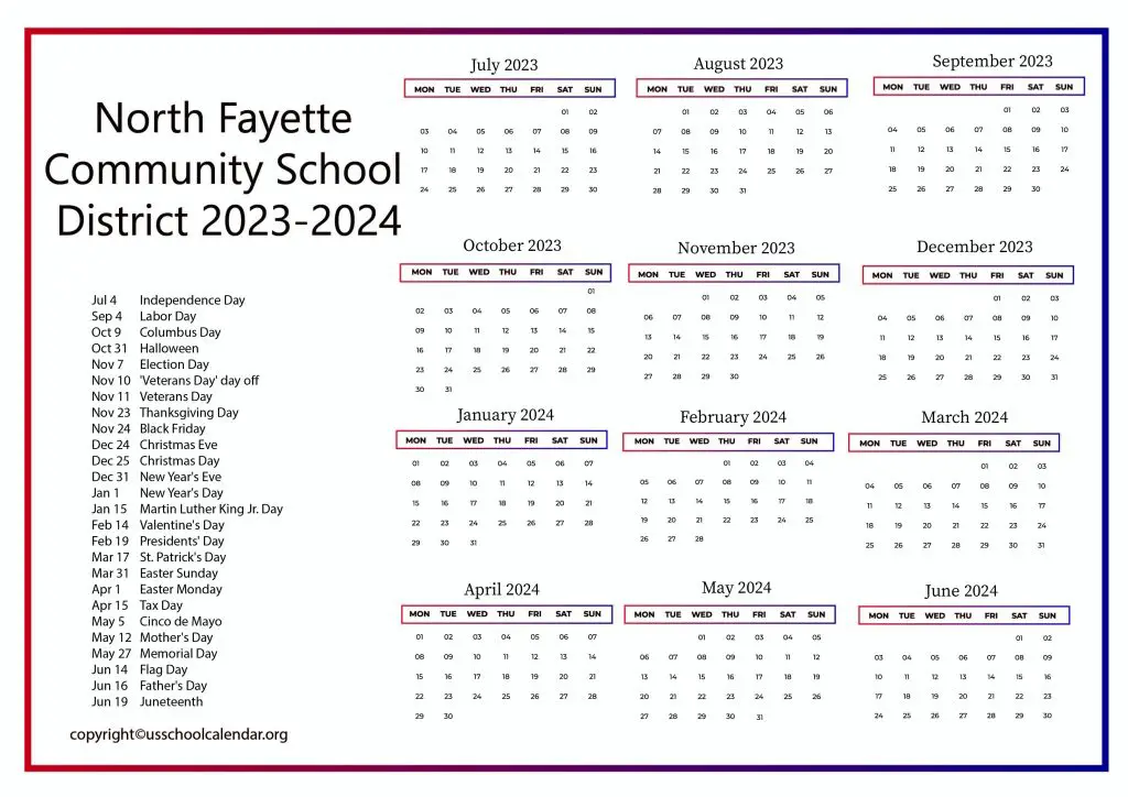 North Fayette Community School District Calendar