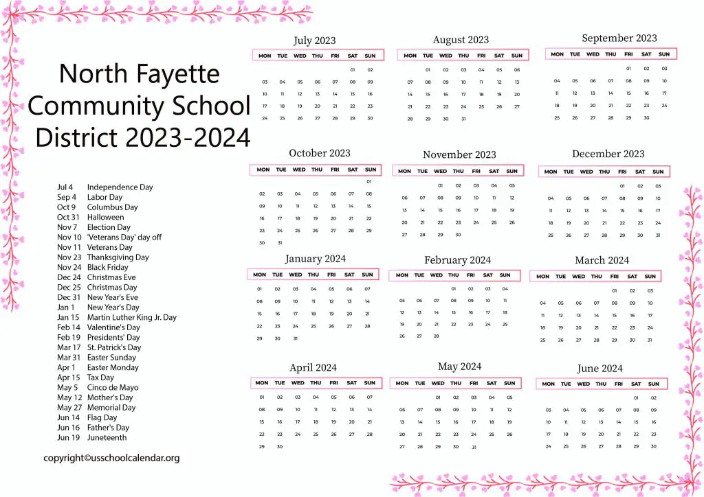 North Fayette Valley School Calendar