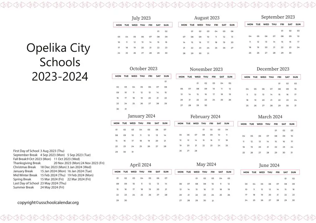 Opelika City Schools Calendar
