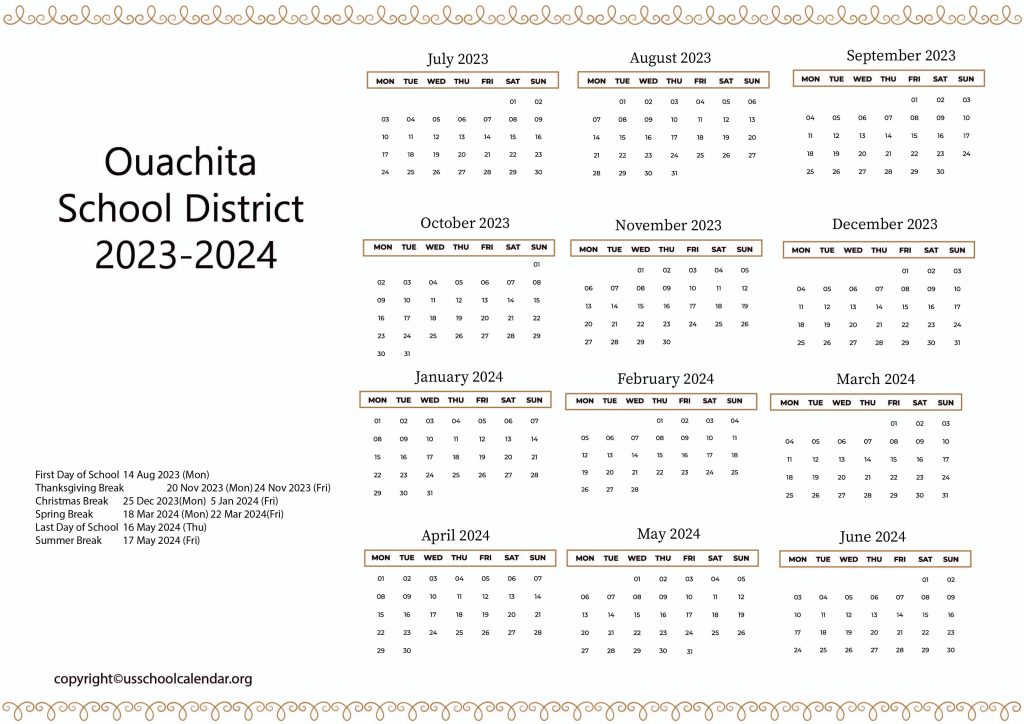Ouachita River School District Calendar
