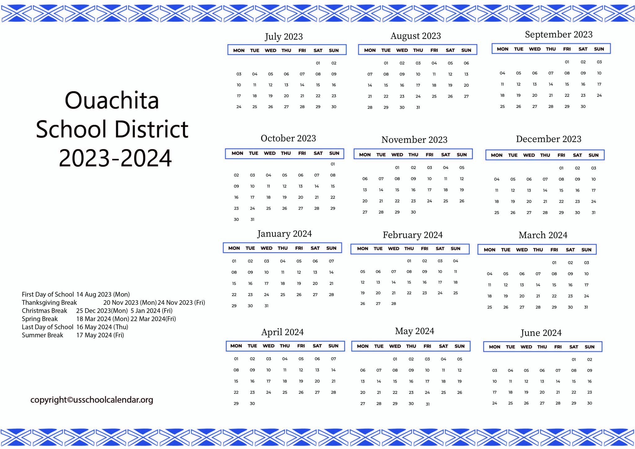 Ouachita School District Calendar with Holidays 20232024